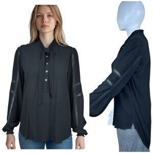 Veronica Beard Semi-Sheer Black Lace Bow Tie  Blouse Sz 0 Top Whimsigoth Fairy